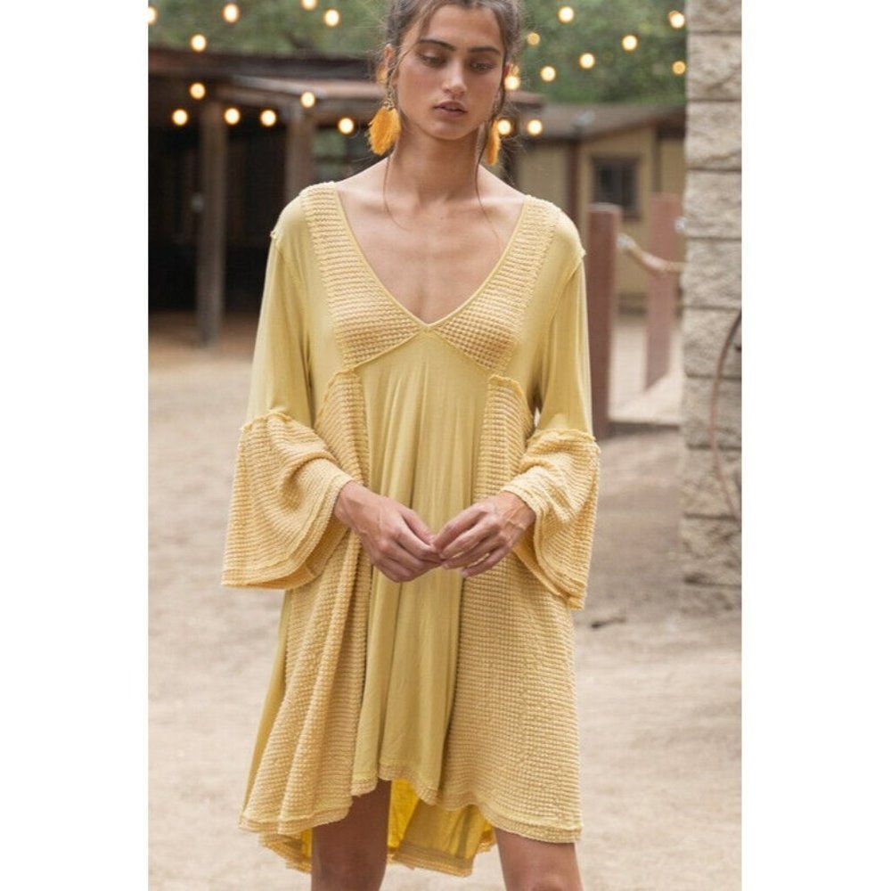SALE! POL Clothing Dandelion V Neck Tunic Dress Summer Boho Bohemian Long Sleeve